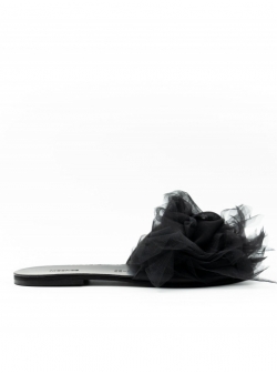 Black Leather Slippers with Tulle