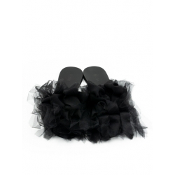 Black Leather Slippers with Tulle