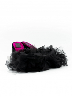Black Leather Sandals with Tulle