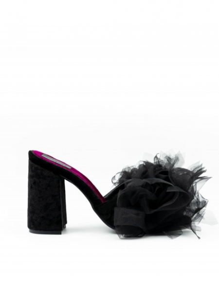 Black Leather Sandals with Tulle