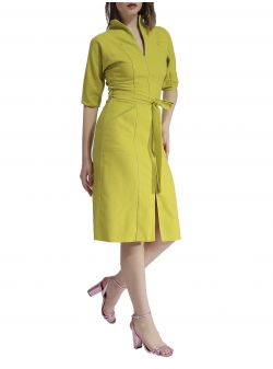 Lime cotton dress with belt Larisa Dragna