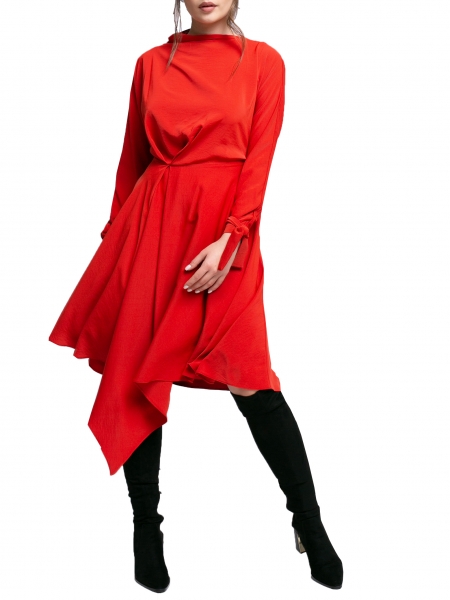 Red dress with long sleeves and asymmetric cut Larisa Dragna