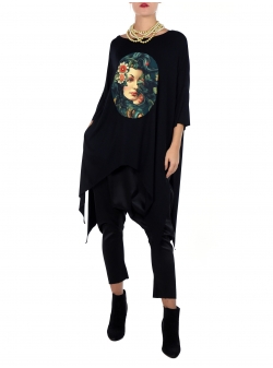 Black asymmetric cotton blouse with colourful print Una-i Luna