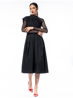 Rochie neagra midi din bumbac cu maneci din tulle Larisa Dragna