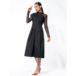 Black midi cotton dress with tulle sleeves Larisa Dragna