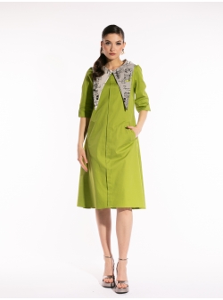 Rochie verde din bumbac cu guler detasabil si print arhitectural Larisa Dragna
