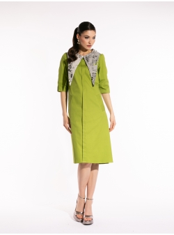Rochie verde din bumbac cu guler detasabil si print arhitectural Larisa Dragna